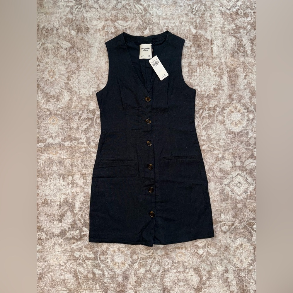 Linen Blend Mini Dress- Black